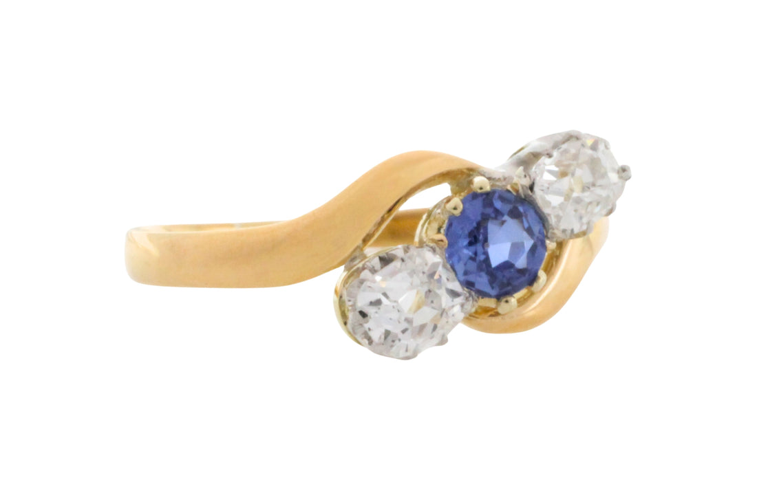 Victorian sapphire and old cut diamond swirl ring