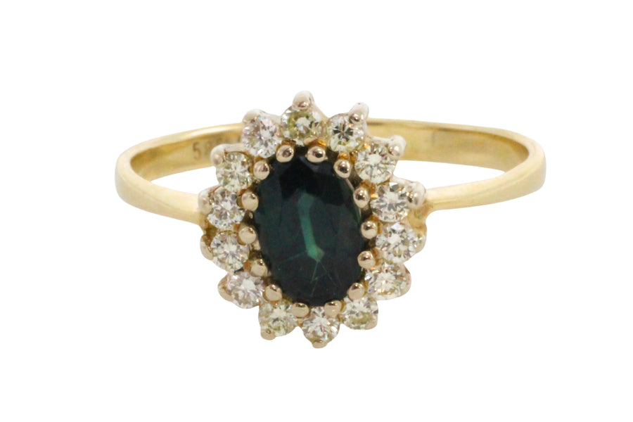 Sapphire and diamond cluster ring in 14 carat gold-engagement rings-The Antique Ring Shop