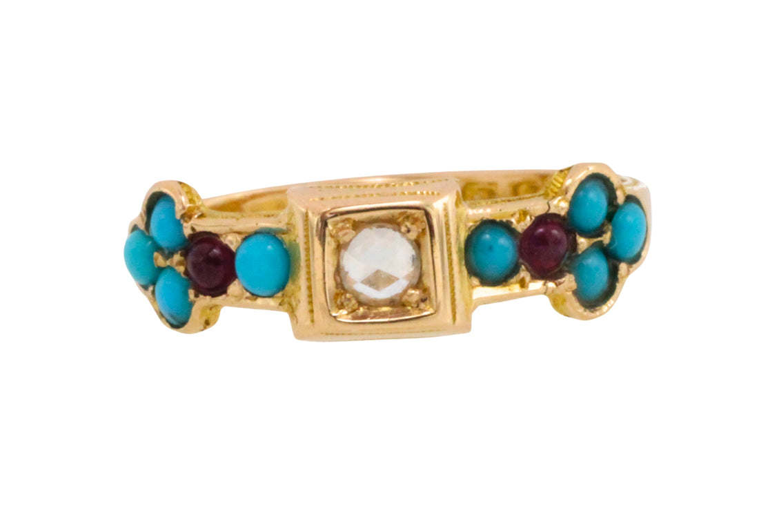 Victorian rose diamond, ruby and turquise ring from 1874