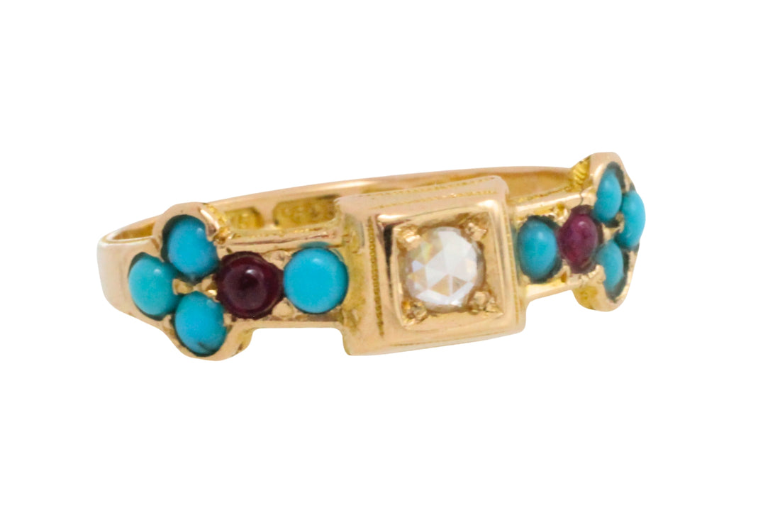 Victorian rose diamond, ruby and turquise ring from 1874