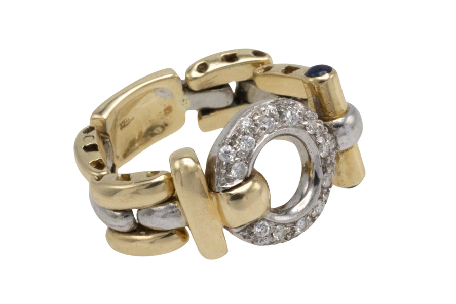 Chain link ring with diamonds and sapphires-vintage rings-The Antique Ring Shop