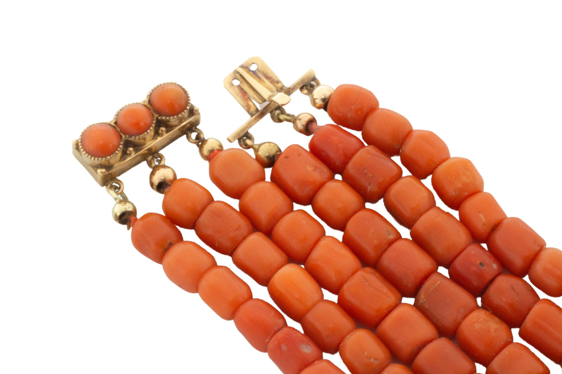 Three strand coral collier with 14 carat gold clasp-Necklaces-The Antique Ring Shop