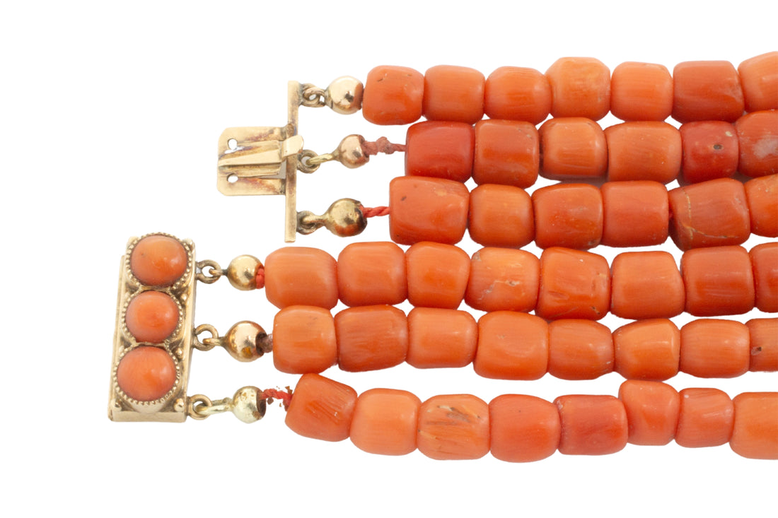 Three strand coral collier with 14 carat gold clasp-Necklaces-The Antique Ring Shop