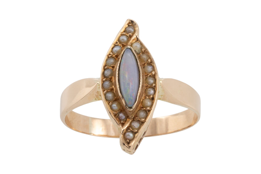 Marquise opal and seed pearl ring in 14 carat gold-Antique rings-The Antique Ring Shop