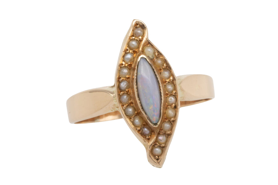 Marquise opal and seed pearl ring in 14 carat gold-Antique rings-The Antique Ring Shop