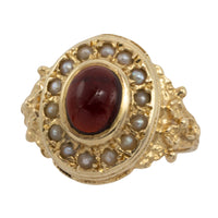 Cabochon garnet and pearl ring in 14 carat gold-Vintage Rings-The Antique Ring Shop