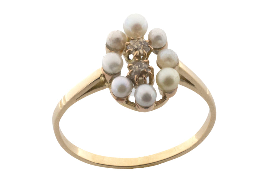 Pearl and old cut diamond ring in 14 carat gold-vintage rings-The Antique Ring Shop