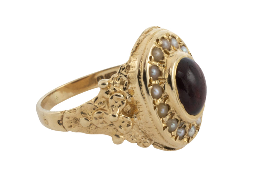 Cabochon garnet and pearl ring in 14 carat gold-Vintage Rings-The Antique Ring Shop