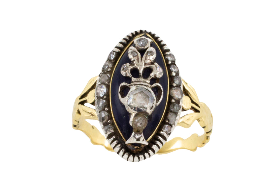 Rose diamond cobolt glass ring in gold and silver-Antique rings-The Antique Ring Shop