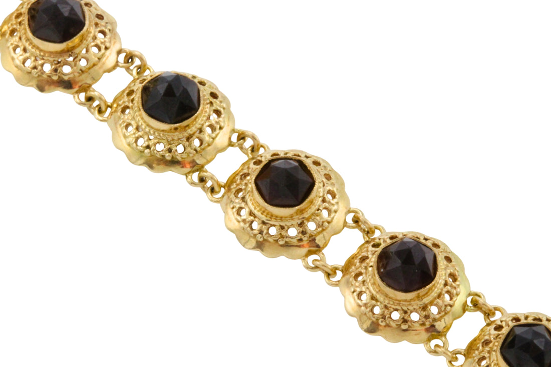Vintage 14 carat gold link bracelet with garnets-Bracelets-The Antique Ring Shop