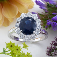 Sapphire and diamond cluster ring in white gold-engagement rings-The Antique Ring Shop