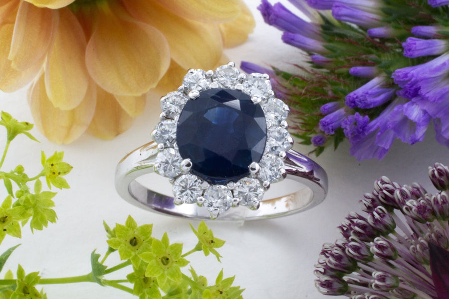 Sapphire and diamond cluster ring in white gold-engagement rings-The Antique Ring Shop