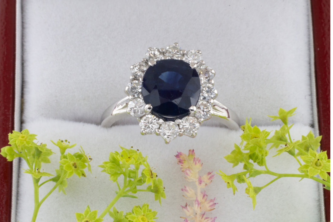 Sapphire and diamond cluster ring in white gold-engagement rings-The Antique Ring Shop