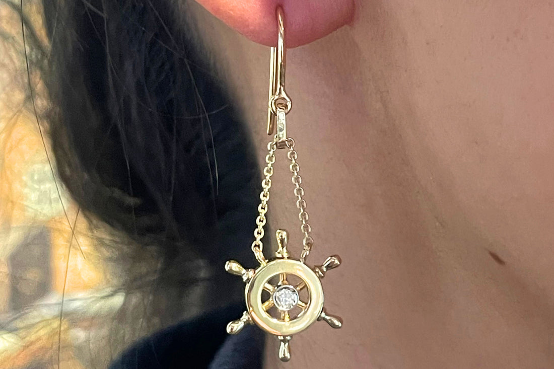 Ships wheel diamond earrings-Earrings-The Antique Ring Shop