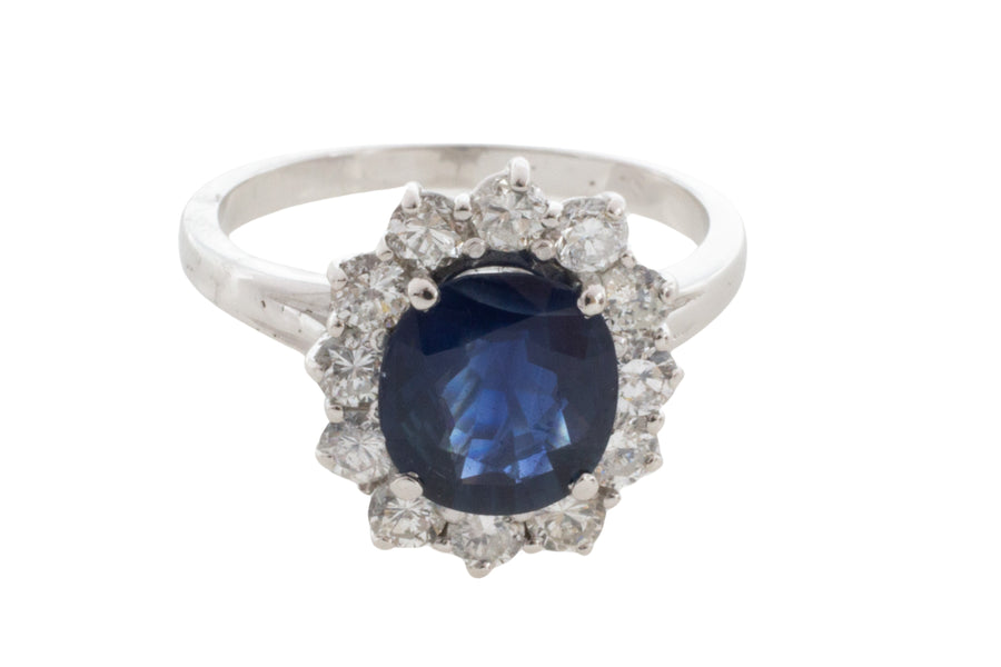 Sapphire and diamond cluster ring in white gold-engagement rings-The Antique Ring Shop