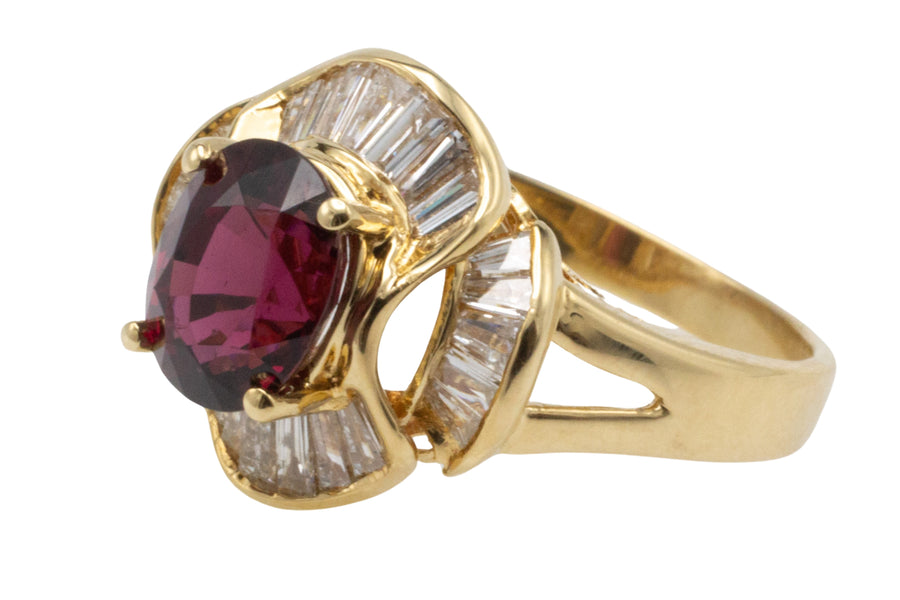 Baguette cut diamond ring with garnet-Vintage Rings-The Antique Ring Shop