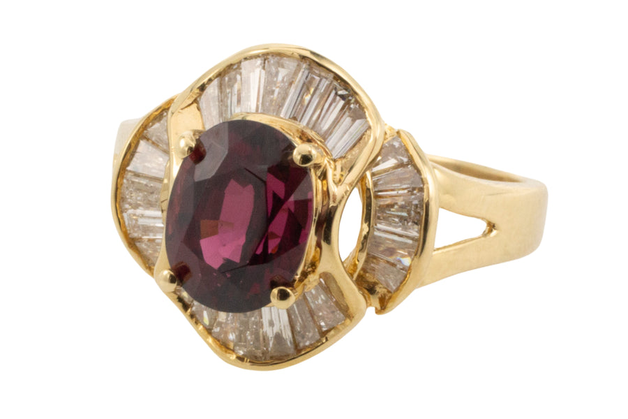 Baguette cut diamond ring with garnet-Vintage Rings-The Antique Ring Shop