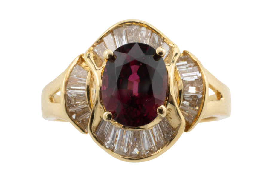 Baguette cut diamond ring with garnet-Vintage Rings-The Antique Ring Shop