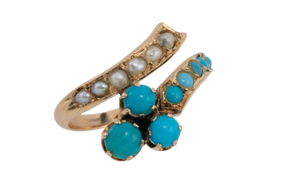 Antique turquoise and pearl ring in 14 carat gold-Antique rings-The Antique Ring Shop