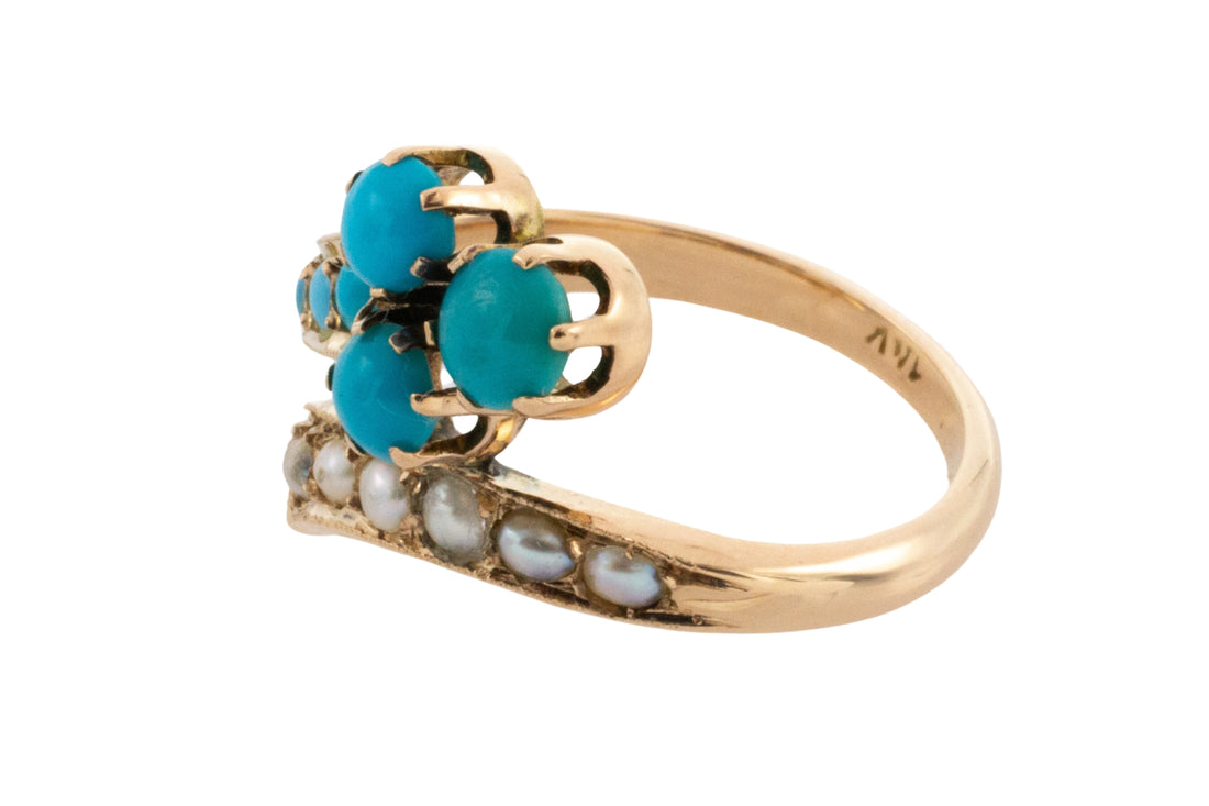 Antique turquoise and pearl ring in 14 carat gold-Antique rings-The Antique Ring Shop