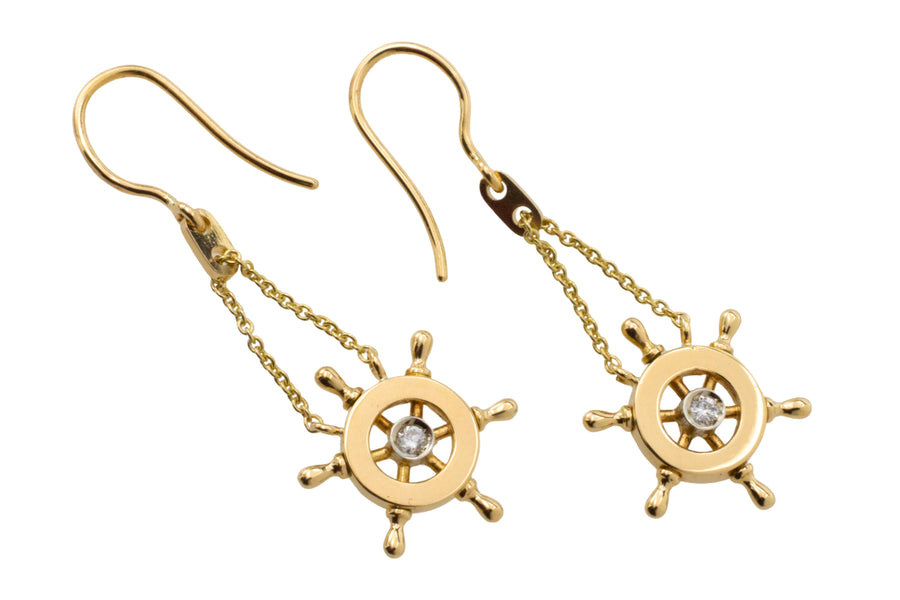 Ships wheel diamond earrings-Earrings-The Antique Ring Shop