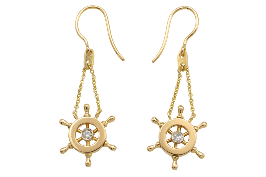 Ships wheel diamond earrings-Earrings-The Antique Ring Shop