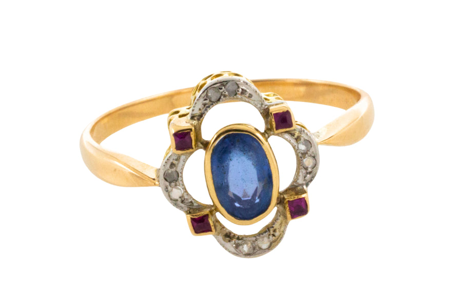 Edwardian sapphire ruby and diamond chard ring-Antique rings-The Antique Ring Shop