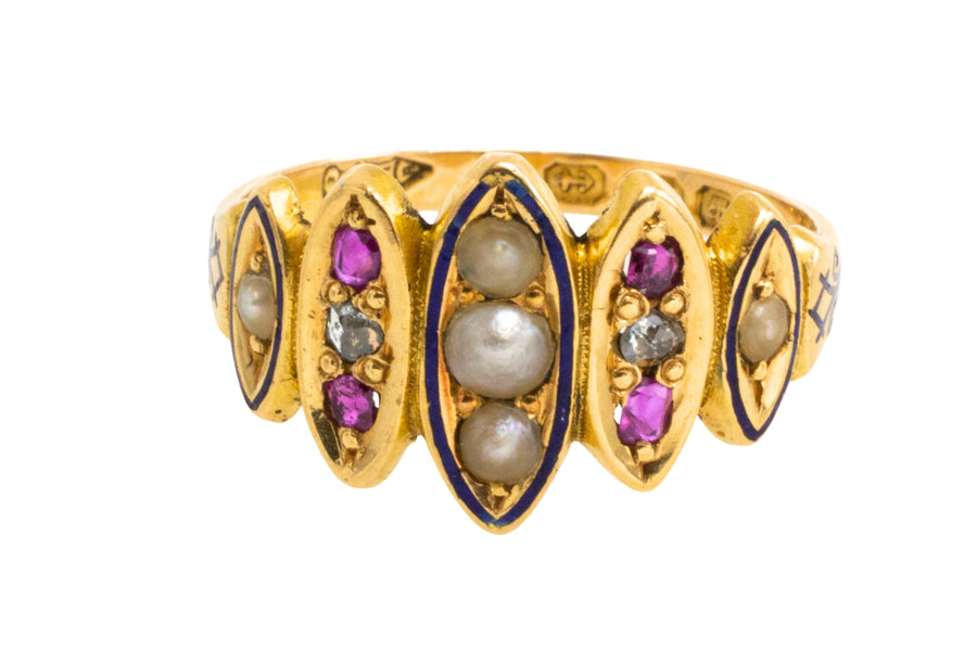 Victorian pearl,ruby and rose diamond ring from 1873-Antique rings-The Antique Ring Shop