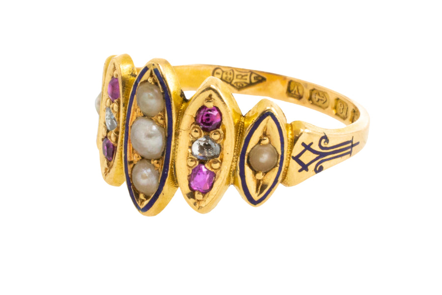 Victorian pearl,ruby and rose diamond ring from 1873-Antique rings-The Antique Ring Shop