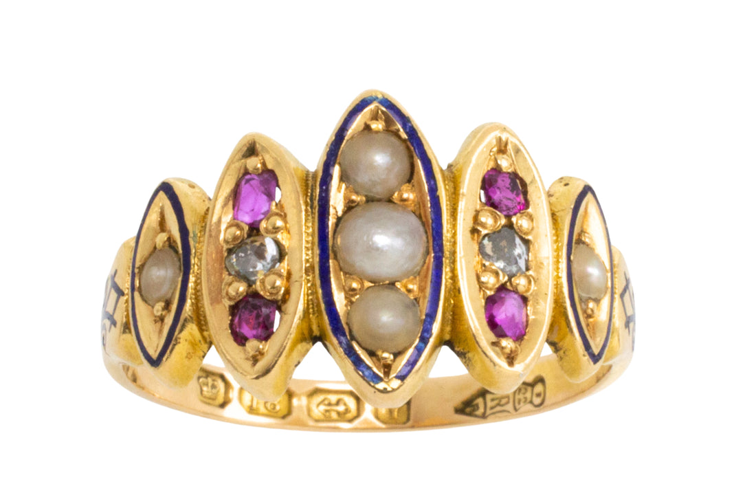 Victorian pearl,ruby and rose diamond ring from 1873-Antique rings-The Antique Ring Shop