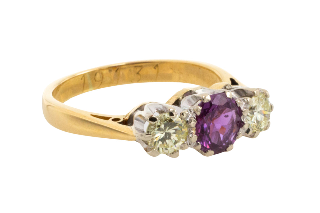 Pink sapphire and diamond three stone ring-engagement rings-The Antique Ring Shop