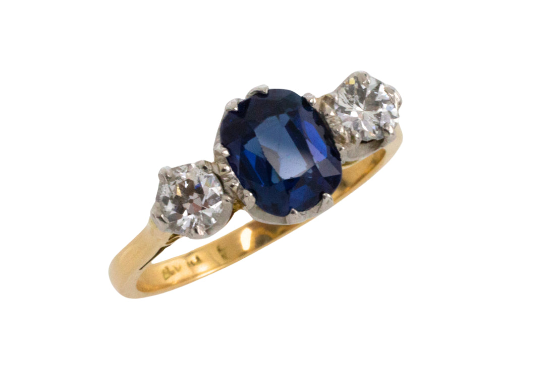 Sapphire and diamond three stone ring-engagement rings-The Antique Ring Shop