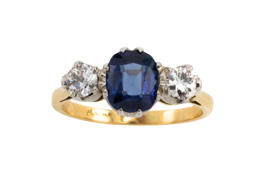 Sapphire and diamond three stone ring-engagement rings-The Antique Ring Shop