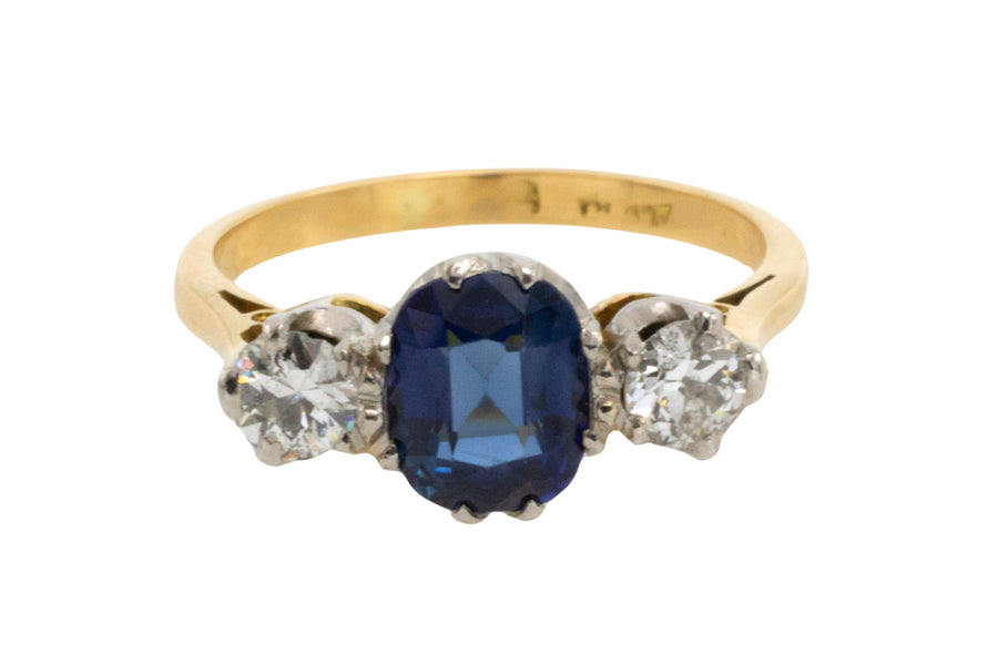 Sapphire and diamond three stone ring-engagement rings-The Antique Ring Shop