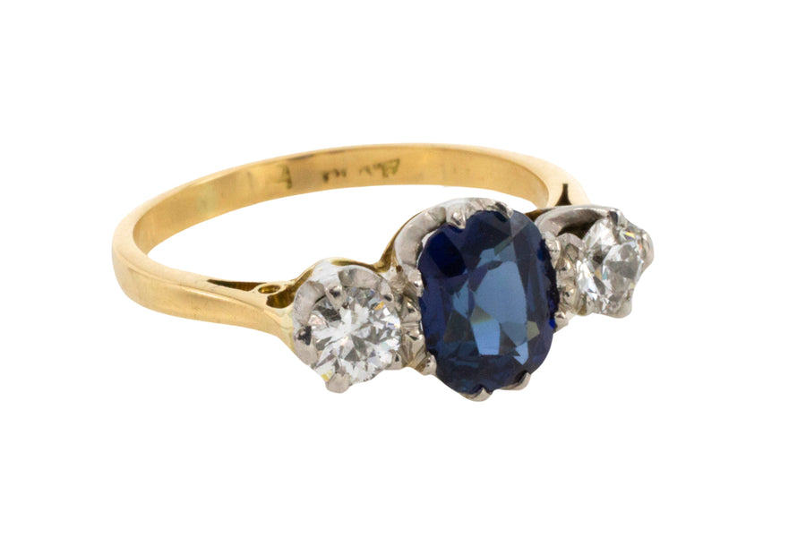 Sapphire and diamond three stone ring-engagement rings-The Antique Ring Shop