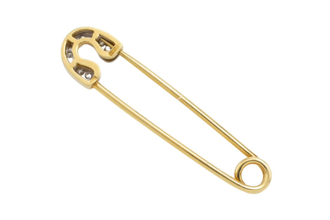 Safety pin brooch with diamonds-Brooches-The Antique Ring Shop