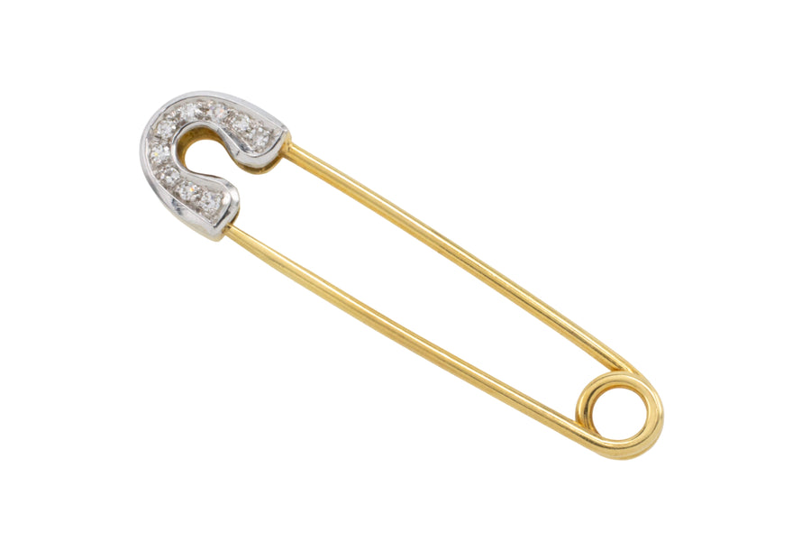 Safety pin brooch with diamonds-Brooches-The Antique Ring Shop