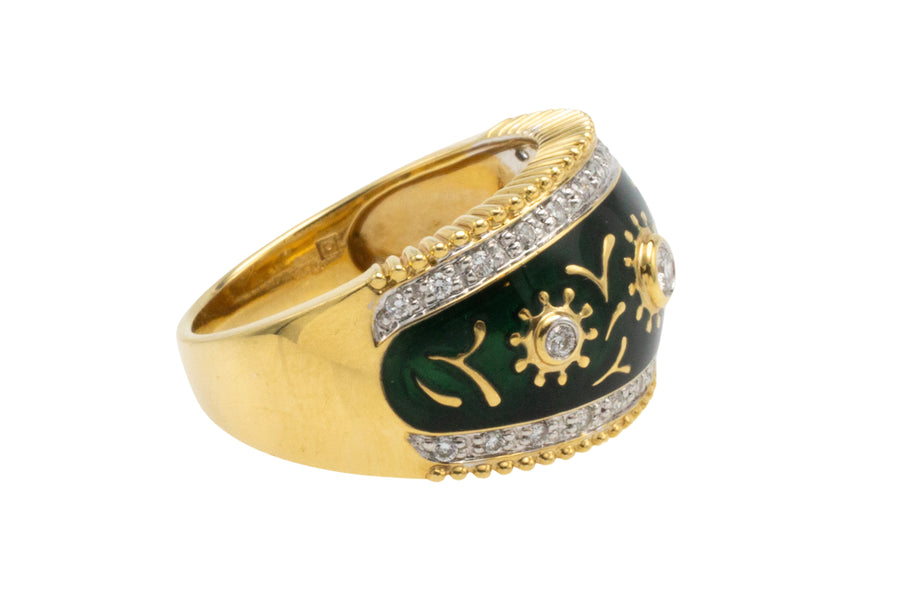 Green enamel and diamond ring in 18 carat gold-Vintage Rings-The Antique Ring Shop