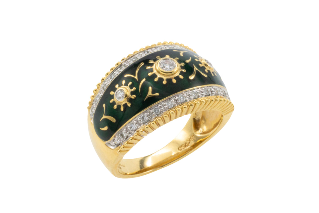 Green enamel and diamond ring in 18 carat gold-Vintage Rings-The Antique Ring Shop