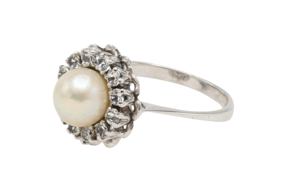 Vintage white gold pearl and diamond ring