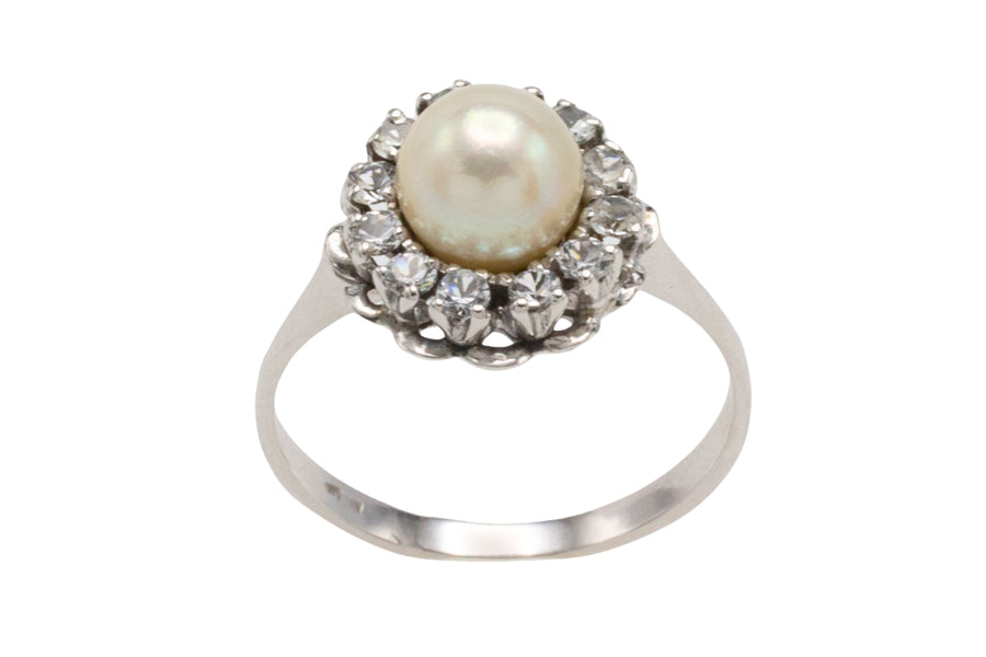 Vintage white gold pearl and diamond ring