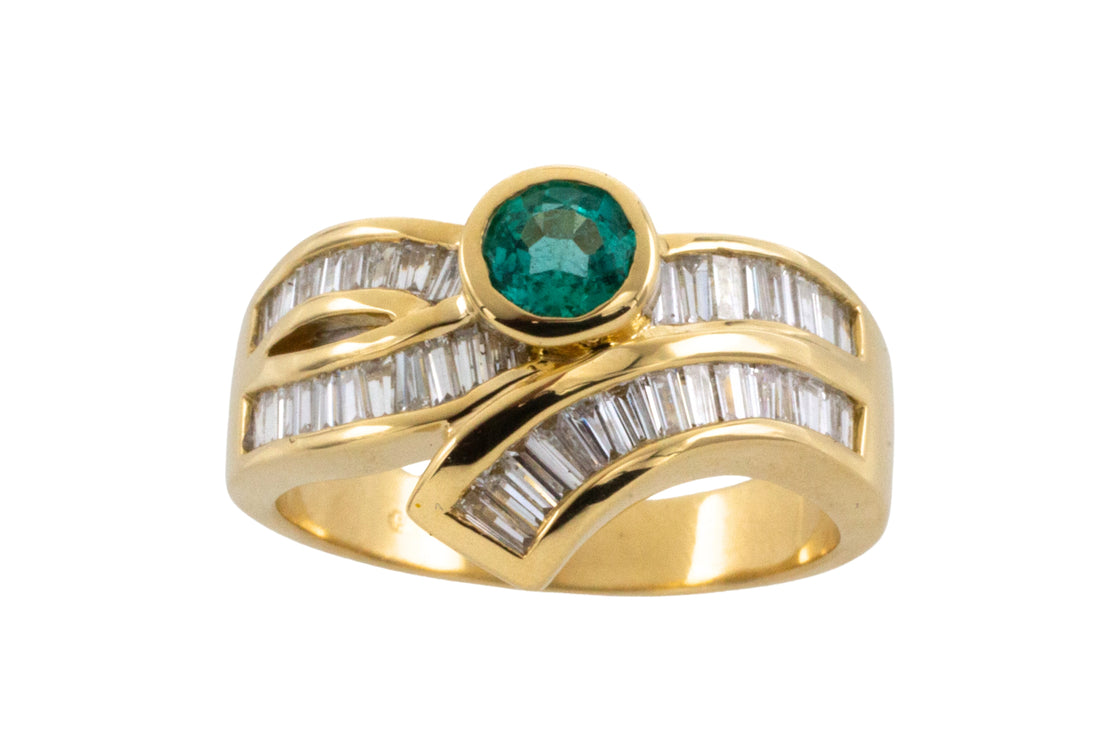 Baguette diamond and emerald ring-Vintage Rings-The Antique Ring Shop