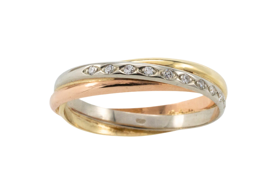 Tri color gold band with diamonds-Vintage Rings-The Antique Ring Shop