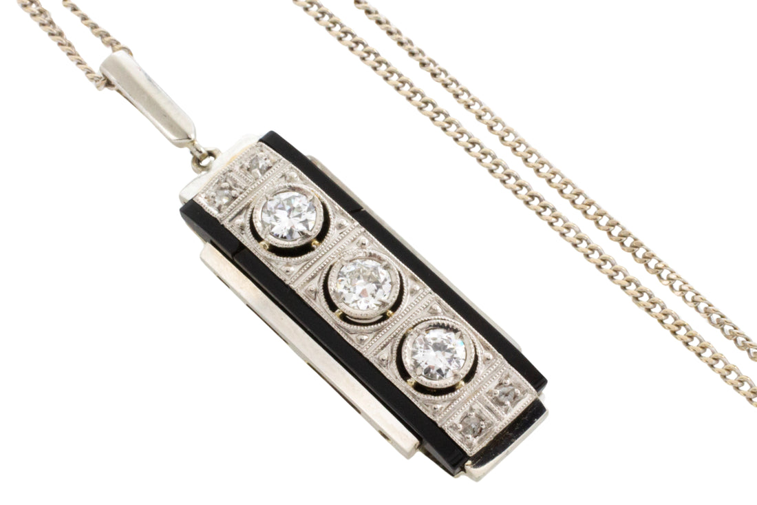 Art Deco white gold diamond and onyx pendant-Pendants-The Antique Ring Shop