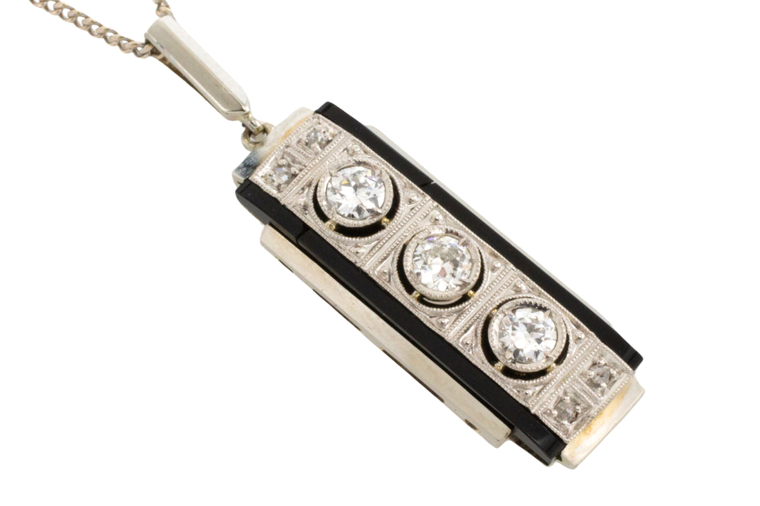 Art Deco white gold diamond and onyx pendant-Pendants-The Antique Ring Shop