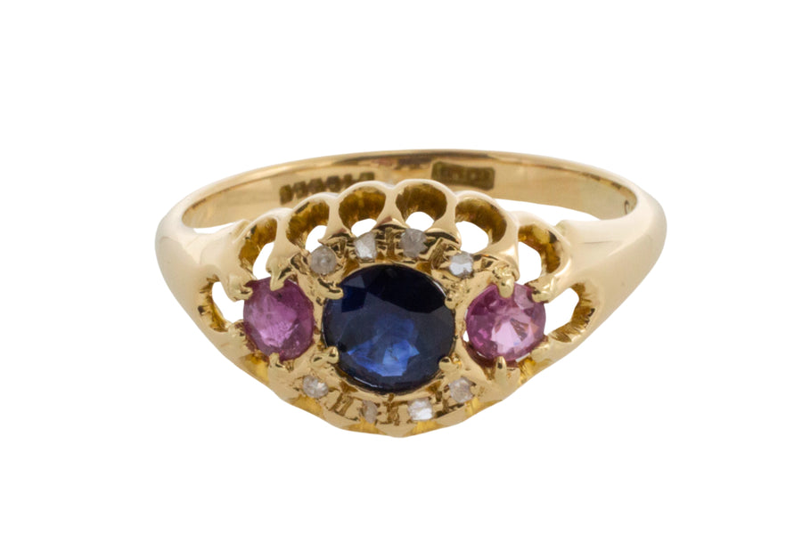 Edwardian 18 carat rose diamond sapphire and ruby ring-Antique rings-The Antique Ring Shop