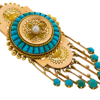 Antique 18 carat gold pendant / brooch with turquoise and a pearl-Pendants-The Antique Ring Shop