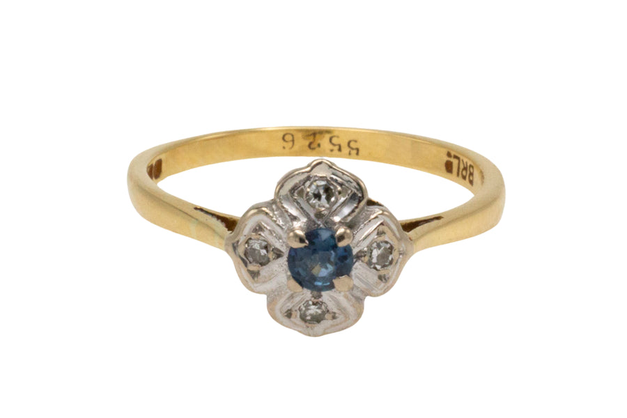 Vintage 18 carat sapphire and diamond flower ring-Vintage Rings-The Antique Ring Shop