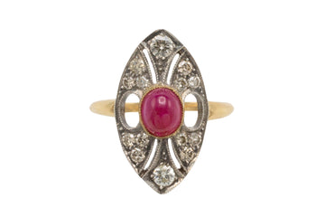 Vintage cabochon ruby and diamond marquise shaped ring-Vintage Rings-The Antique Ring Shop