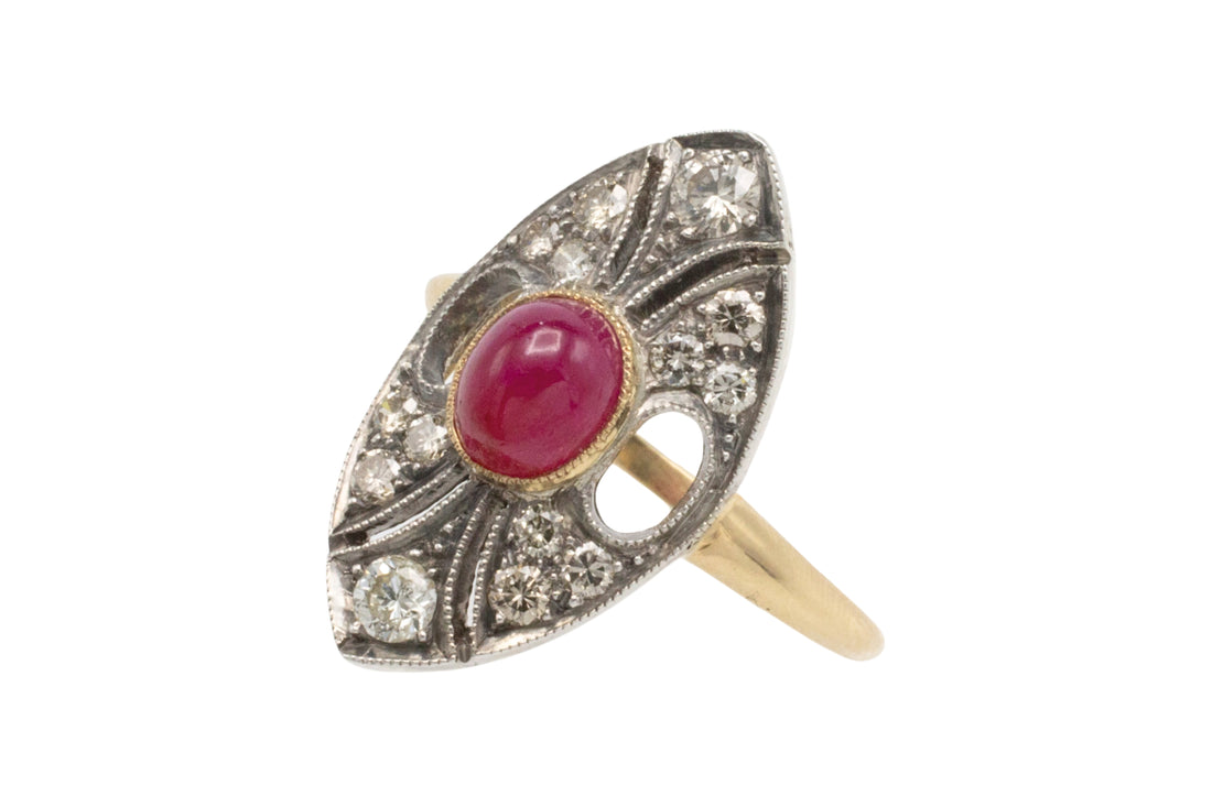 Vintage cabochon ruby and diamond marquise shaped ring-Vintage Rings-The Antique Ring Shop